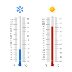 Wall Mural - Hot and cold weather temperature symbols. Meteorology thermometers with celsius and fahrenheit scale vector illustration