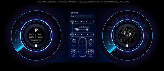 Poster - Automotive dashboard of the future. Hybrid car. Diagnostics and elimination of breakdowns. Blue. HUD style. Vector image.