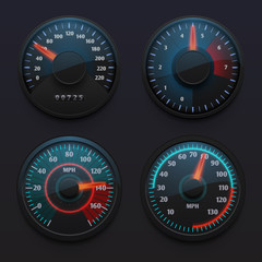 Poster - futuristic car speedometers, speed indicators with pointer for vehicle dashboard isolated vector set