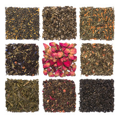 Wall Mural - A set of dry herbal and floral tea. Green, black, composition teas isolated on white background.