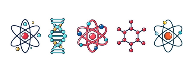 Poster - Molecule and atom icon set, cartoon style