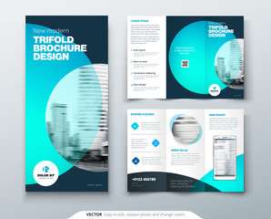 Wall Mural - Tri fold brochure design. Teal, orange corporate business template for tri fold flyer. Layout with modern circle photo and abstract background. Creative concept 3 folded flyer or brochure.
