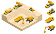 Isometric excavators and bulldozers dig a pit on the sand quarry.