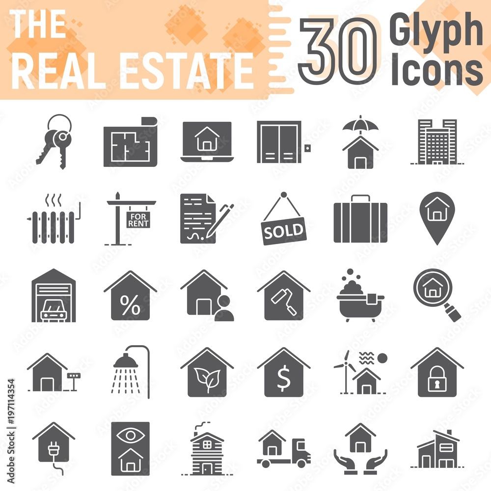 Real Estate glyph icon set, home symbols collection, vector sketches ...