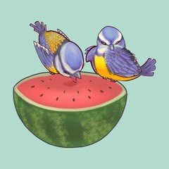 Wall Mural - Hand drawn two little birds on watermelon