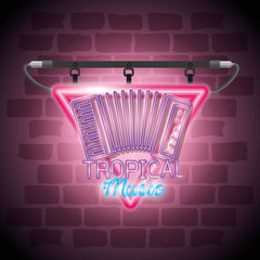 Sticker - tropical music bar neon label vector illustration design