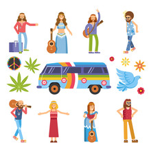 Hippies With Musical Instruments, Colorful Van And Weed Leaves