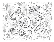 Black And White Decorative Print With Cute Cartoon Otters In The Sea. Vector Illustration