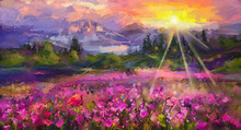 Abstract Colorful Oil Painting Purple Cosmos Flower, Rhododendron Flowers, Wildflower In Field. Violet, Red Wildflowers At Meadow With Sunrise And Blue Sky. Spring, Summer Season Nature Background