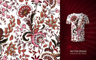 Wall Mural - Seamless floral background. Fantasy flowers pattern, used on t-shirt mock up. Design for prints, wallpaper, textile. Vector illustration.