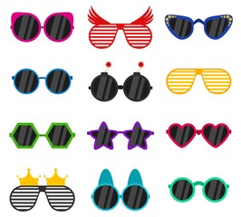 Vector party sunglasses or eyeglasses set in funny shape. Accessories for hipsters fashion optical spectacles eyesight view. Colorful sunglasses icon set in flat style isolated on white background