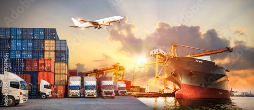 Fotografía Logistics and transportation of Container Cargo ship and Cargo plane with workin
