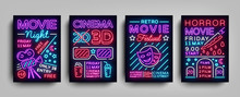 Movies 3d Collection Posters Design Templates In Neon Style. Set Neon Sign, Light Banner, Bright Flyer, Design Typography Postcard, Brochure, Advertising Neon Night For Cinema. Vector Illustrations