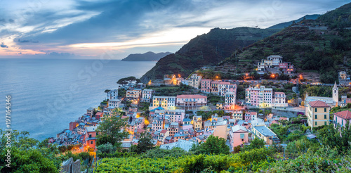 Beautiful evening panoramic view of Riomaggiore in Cinque Terre, Liguria, Ita...