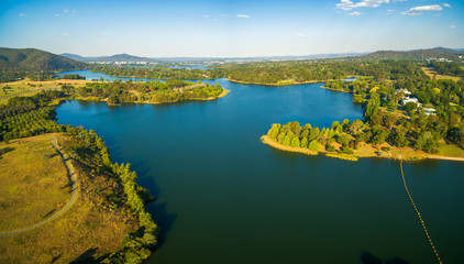 Aerial panorama of scenic Lake Burley Griffin in Canberra, ACT, Australia
