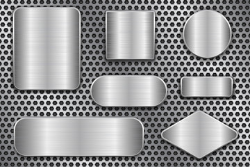 Brushed metal plates. Set of geometric shape plaques on perforated background