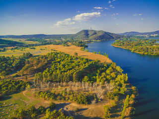 Aerial view of Molonglo river and iconic Telstra tower in Canberra, Australia