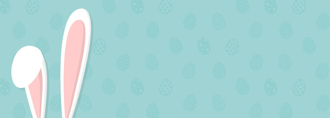 Wall Mural - Background with eggs and white bunny. Concept of Easter banner. Vector.