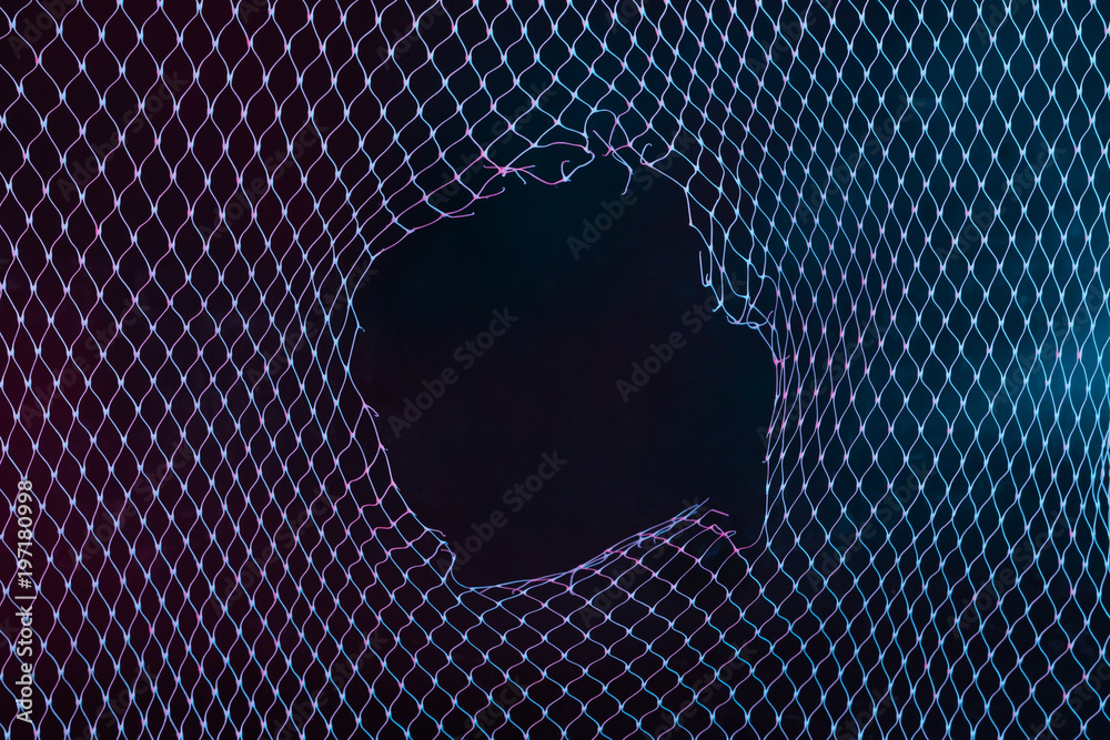 Abstract mesh net background with colorful ultraviolet holographic neon lights. Creative concept. - obrazy, fototapety, plakaty 
