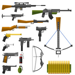 Wall Mural - Weapons guns pistols submachine assault rifles sniper knife handgun bullets icons vector illustration.