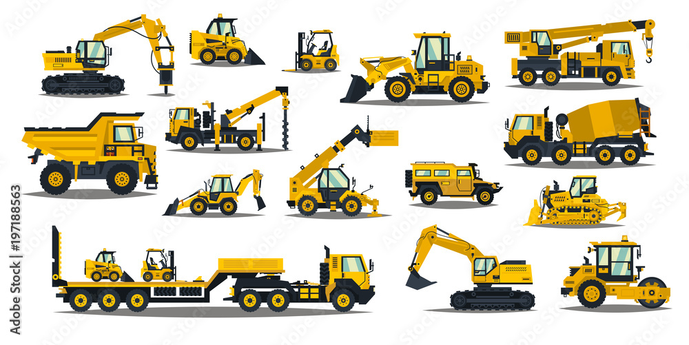 A large set of construction equipment in yellow. Special machines for the building work. Forklifts, cranes, excavators, tractors, bulldozers, trucks, cars, concrete mixer, trailer.Vector illustration - obrazy, fototapety, plakaty 