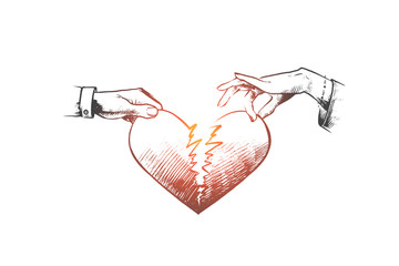 Broken heart concept. Hand drawn man and a woman holding two half of broken heart. Crisis relationship or divorce isolated vector illustration.