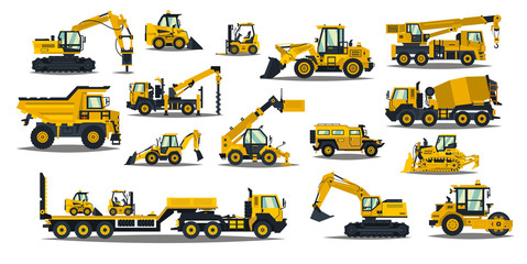 a large set of construction equipment in yellow. special machines for the building work. forklifts, 