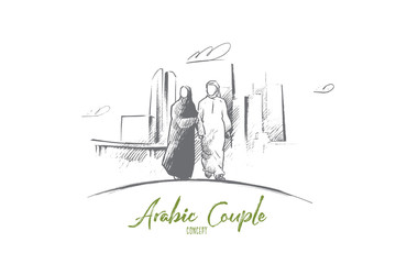 Wall Mural - Arabic couple concept. Hand drawn arabic man and woman in modern city. Arabic couple in national dress holding hands isolated vector illustration.