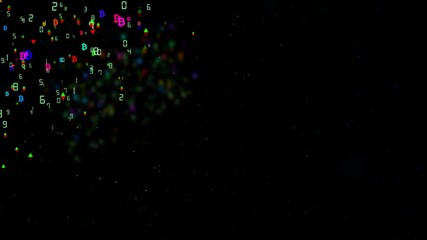 Poster - Business icons are moving along the axes. Bitcoin, graphs of growth and fall of the market, numbers. Black background. Move in the corner of the screen. Place for text. Depth of field