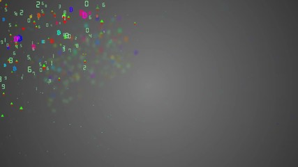 Poster - Business icons are moving along the axes. Bitcoin, graphs of growth and fall of the market, numbers. Gray gradient background. Move in the corner of the screen. Place for text. Depth of field
