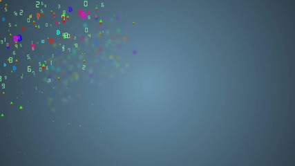 Poster - Business icons are moving along the axes. Bitcoin, graphs of growth and fall of the market, numbers. Blue gradient background. Move in the corner of the screen. Place for text. Depth of field