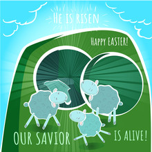 Vector Cartoon Empty Coffin And Sheeps - Greeting Card - Happy Easter