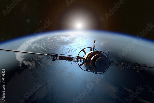 Cuadros en Lienzo 3D rendering of a satellite orbiting the earth