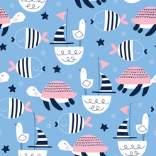 Seamless Sailing Ships Turtle Seagull Pattern Vector Illustration