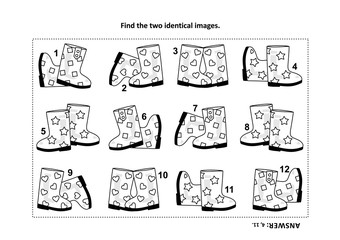  IQ training find the two identical pictures with gumboots visual puzzle and coloring page. Answer included.
