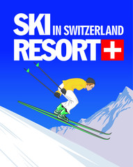 Wall Mural - Mountain ski resort in Switzerland poster with girl in cartoon style. Vector illustration.