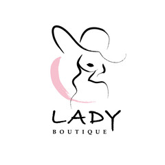 Wall Mural - vector artistic logo with hand drawn lady in hat portrait isolated on white background. outline draw