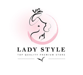 Wall Mural - vector artistic logo with hand drawn lady in hat portrait isolated on white background. outline draw