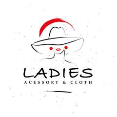 Wall Mural - vector artistic logo with hand drawn lady in hat portrait isolated on white background. outline draw