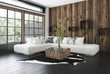 Stylish rustic living room with wood paneling