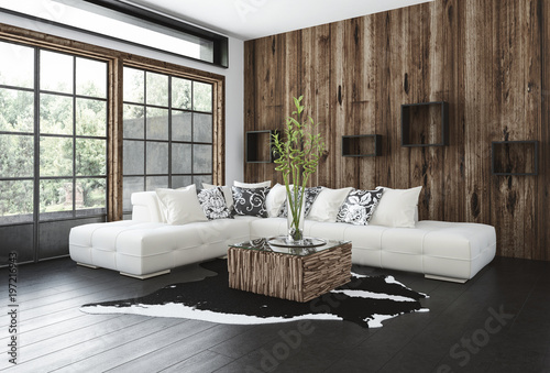 Stylish Rustic Living Room With Wood Paneling Kaufen Sie