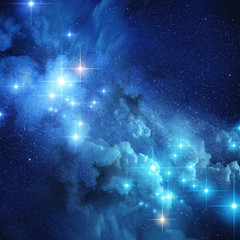 glowing stars in a blue galaxy nebula. background illustration.