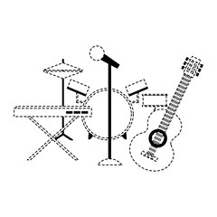 Poster - musical instruments saxophone synthesizer guitar battery microphone vector illustration dotted line