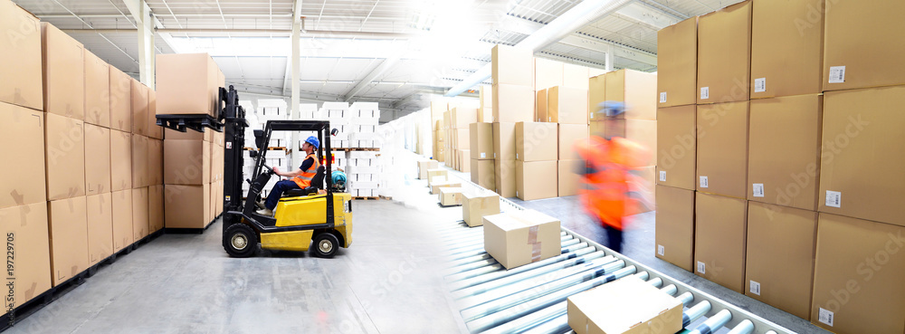 Versand und Logistik im Warenlager einer Spedition - Lieferung von Paketen im Onlinehandel // transport and logistics in a warehouse - obrazy, fototapety, plakaty 