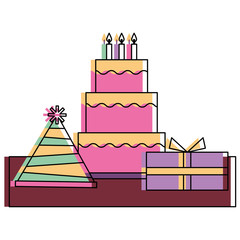 Wall Mural - birthday cake and gift boxes celebration vector illustration