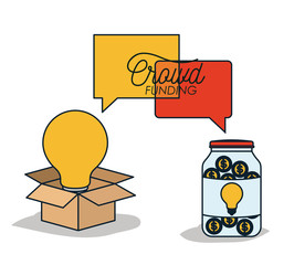 Sticker - crowdfunding poster with cardboard box and light bulb and savings bottle and bubbles speech in white background