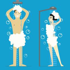 Poster - Cartoon Man and Woman Taking Shower. Vector