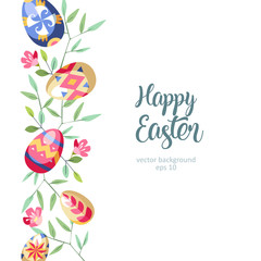 Easter great vertical floral background with colored easter eggs growed at branch of tree