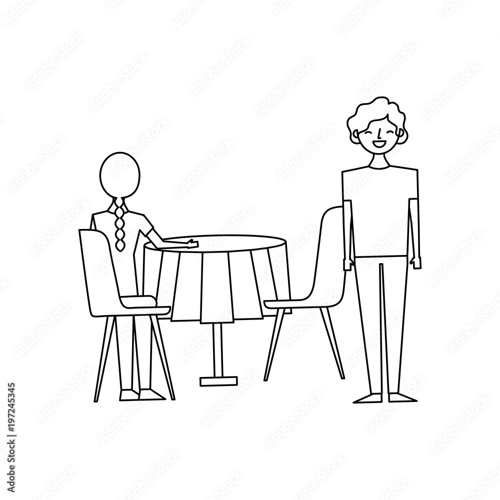 woman sitting back and man standing with table and chairs vector  illustration outline design Stock Vector | Adobe Stock, image size:1000x1000