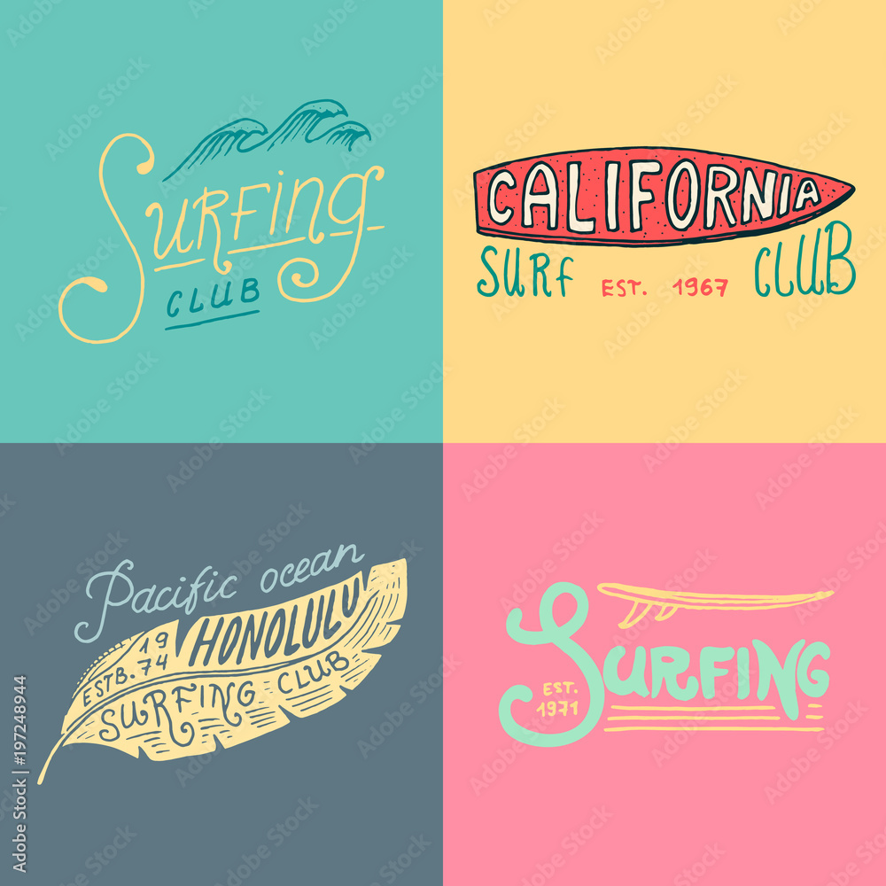 Surf badge and wave, palm tree and ocean. vintage retro background ...